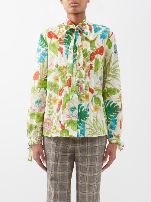 Gucci - Tropical-flower Cotton-poplin Blouse - Womens - Green Multi