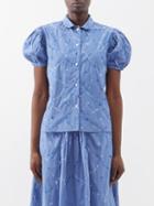 Thierry Colson - Vike Balloon-sleeve Embroidered Cotton Shirt - Womens - Blue