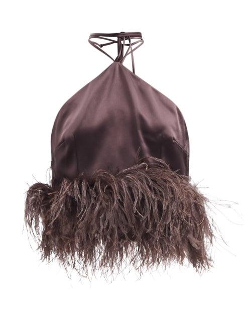 Matchesfashion.com 16arlington - Alster Feather-trim Halterneck Satin Top - Womens - Brown