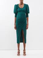 Self-portrait - Puff-sleeve Corseted Crepe Midi Dress - Womens - Dark Green