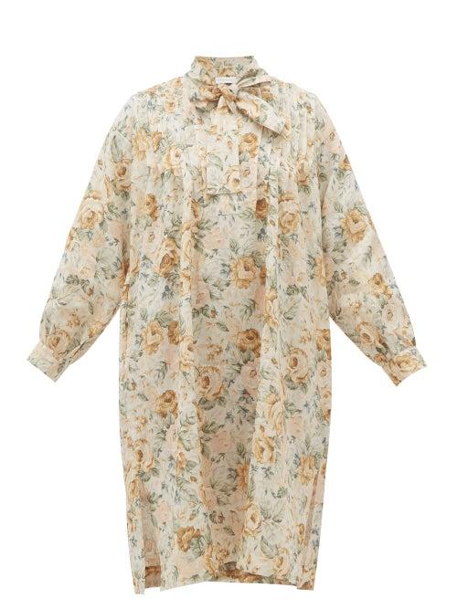 Matchesfashion.com Ephemera - Tie-neck Floral-print Linen Dress - Womens - Yellow Multi