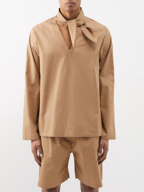 Albus Lumen - Scarf-neck Cotton Shirt - Mens - Sand