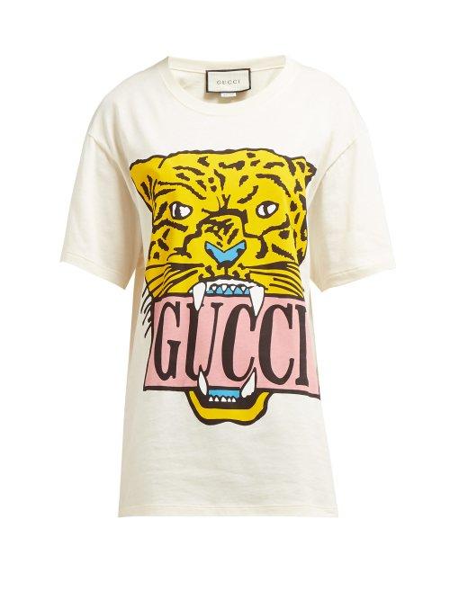 Matchesfashion.com Gucci - Tiger Motif Printed Cotton T Shirt - Womens - Ivory Multi