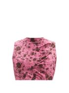 Ladies Rtw Ganni - Tie-back Rose-print Organic-cotton Cropped Top - Womens - Pink