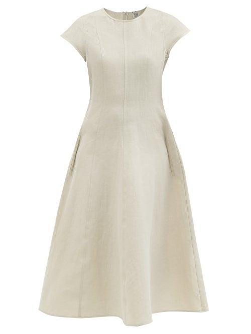 Ladies Rtw Totme - Cap-sleeve Linen-blend Midi Dress - Womens - Light Grey