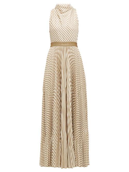 Matchesfashion.com Missoni - Pleated Metallic Striped Knitted Gown - Womens - Cream Gold