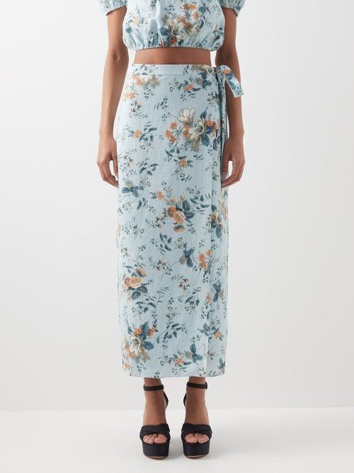 Erdem - Vacation Hermia Floral-print Linen Wrap Skirt - Womens - Blue Print