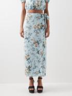 Erdem - Vacation Hermia Floral-print Linen Wrap Skirt - Womens - Blue Print