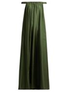 Matchesfashion.com Three Graces London - Evangeline Off The Shoulder Silk Satin Maxi Dress - Womens - Dark Green