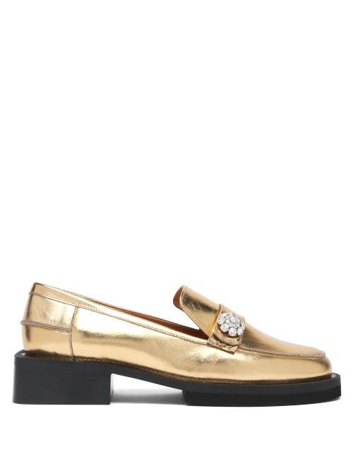 Matchesfashion.com Ganni - Crystal-embellished Metallic-leather Loafers - Womens - Gold