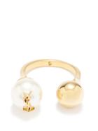 Saint Laurent - Ysl Faux-pearl & Ball Brass Ring - Womens - Pearl