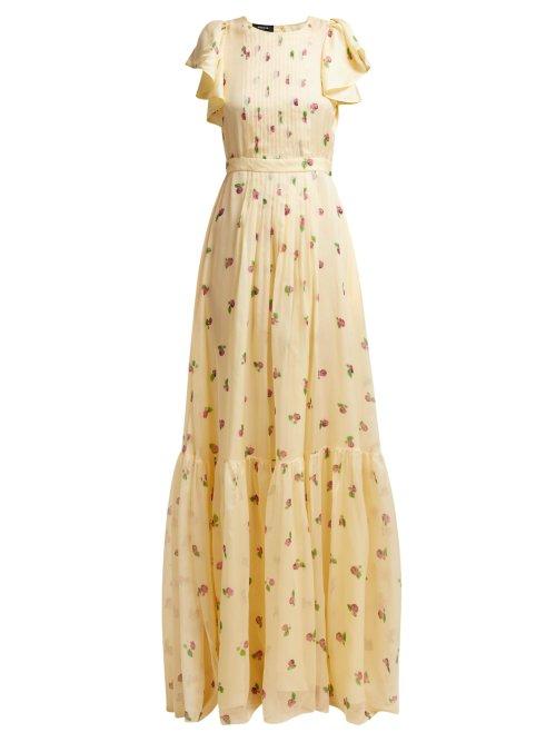 Matchesfashion.com Rochas - Pleated Floral Print Silk Georgette Gown - Womens - Yellow