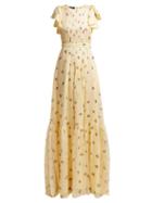 Matchesfashion.com Rochas - Pleated Floral Print Silk Georgette Gown - Womens - Yellow