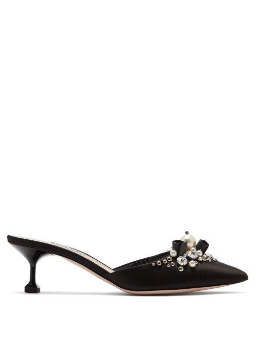 Matchesfashion.com Miu Miu - Faux Pearl And Crystal Embellished Satin Mules - Womens - Black