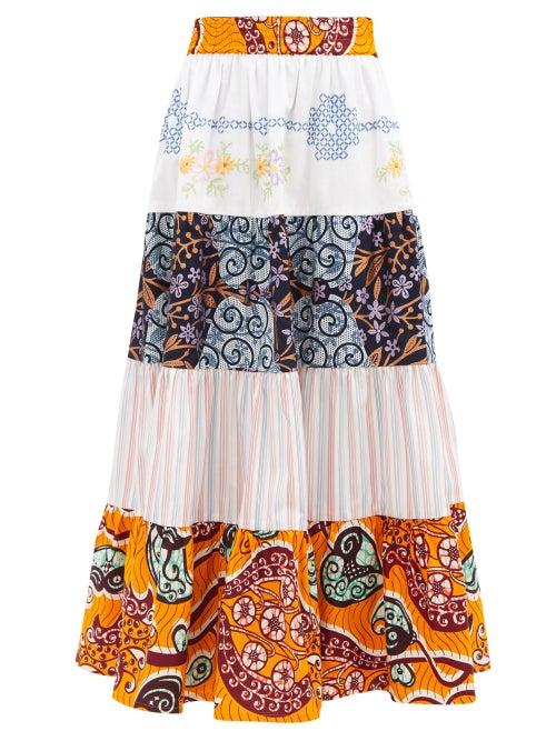 Rianna + Nina - Kendima Printed Cotton-volant Midi Skirt - Womens - Blue Multi