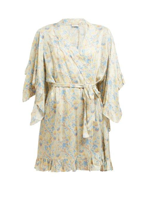 Matchesfashion.com Mes Demoiselles - Sally Floral Print Ruffled Satin Kimono - Womens - Beige Print