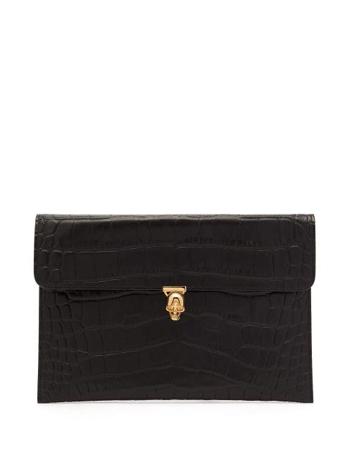 Matchesfashion.com Alexander Mcqueen - Skull Crocodile Embossed Leather Envelope Pouch - Womens - Black