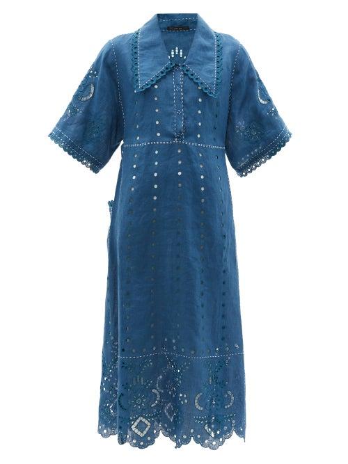 Ladies Rtw Vita Kin - Charlotte Broderie-anglaise Linen Dress - Womens - Navy
