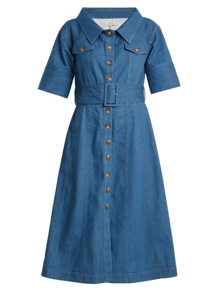Sea Short-sleeved Denim Midi Dress