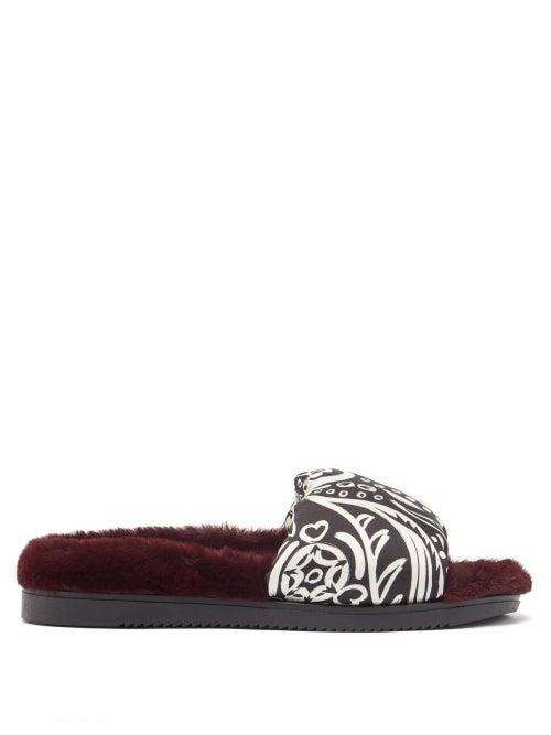 La Doublej - Printed-strap Faux-fur Slides - Womens - Burgundy Multi