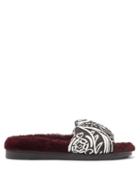 La Doublej - Printed-strap Faux-fur Slides - Womens - Burgundy Multi