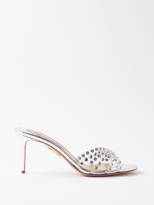 Aquazzura - Tequila 75 Crystal-embellished Leather Mules - Womens - Silver