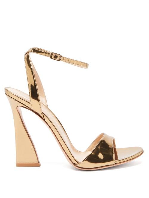 Ladies Shoes Gianvito Rossi - Aura Flared-heel Metallic Patent-leather Sandals - Womens - Gold