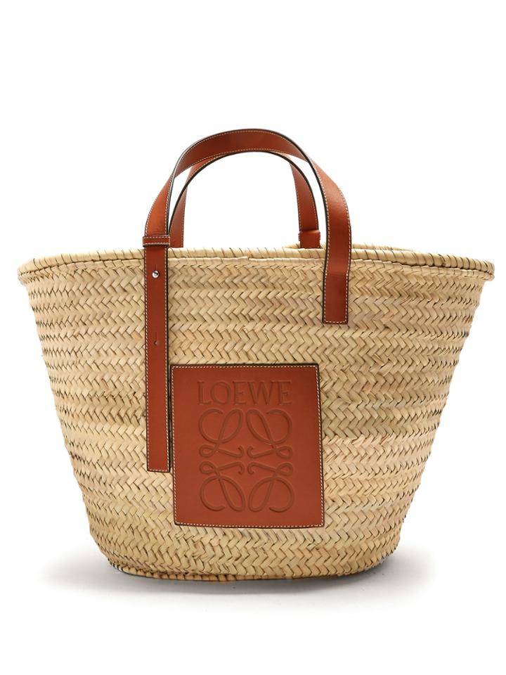 Loewe Leather-trimmed Logo-debossed Raffia Basket Bag