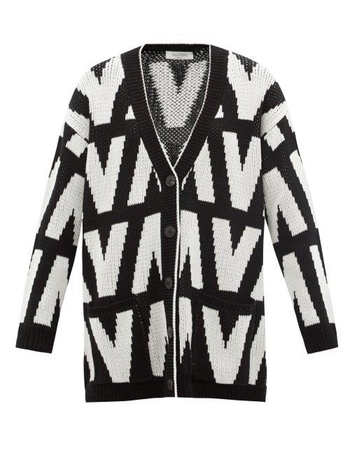 Ladies Rtw Valentino - Logo-jacquard Cotton Cardigan - Womens - Black White
