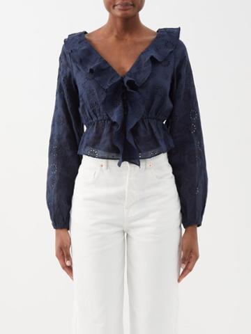 Frame - Broderie-anglaise Ruffled Ramie Blouse - Womens - Navy
