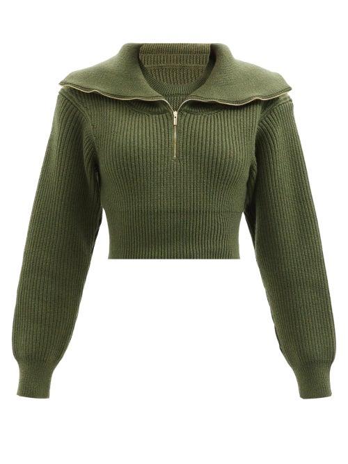 Ladies Rtw Jacquemus - Risoul Sailor-collar Wool Cropped Sweater - Womens - Khaki