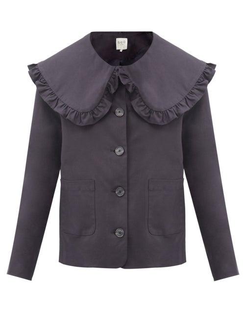 Matchesfashion.com Sea - Scarlett Ruffled-collar Cotton-blend Jacket - Womens - Navy