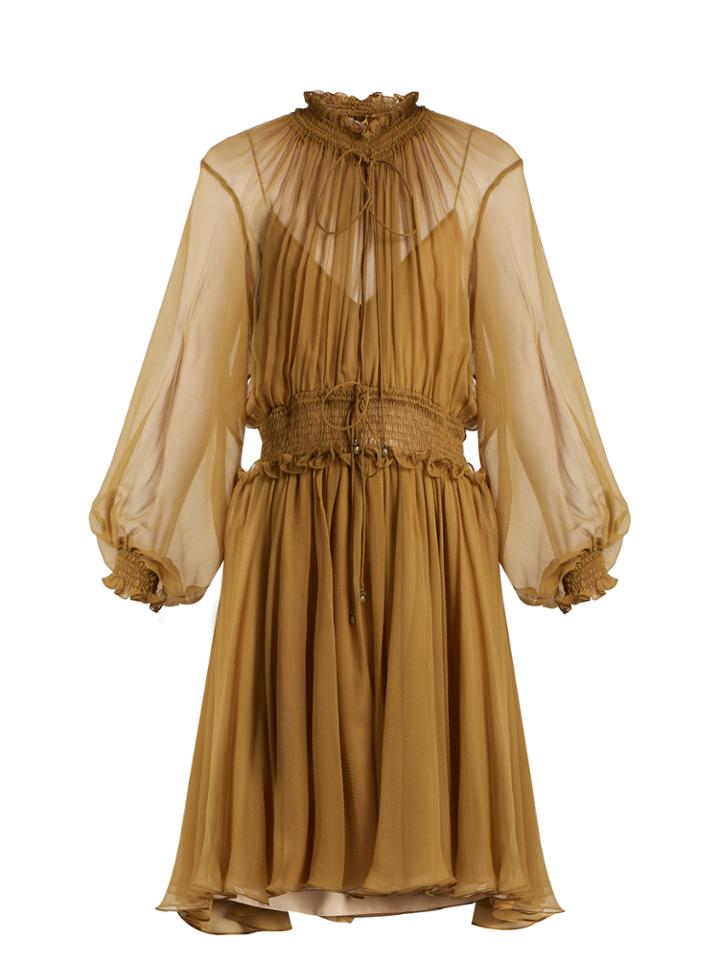 Chloé Ruffle-trimmed Smocked Silk Dress