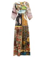 Matchesfashion.com Rianna + Nina - Embroidered Bib Patchwork Printed Silk Dress - Womens - Multi