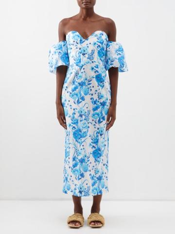 Borgo De Nor - Tati Off-the-shoulder Floral-print Linen Dress - Womens - Blue White