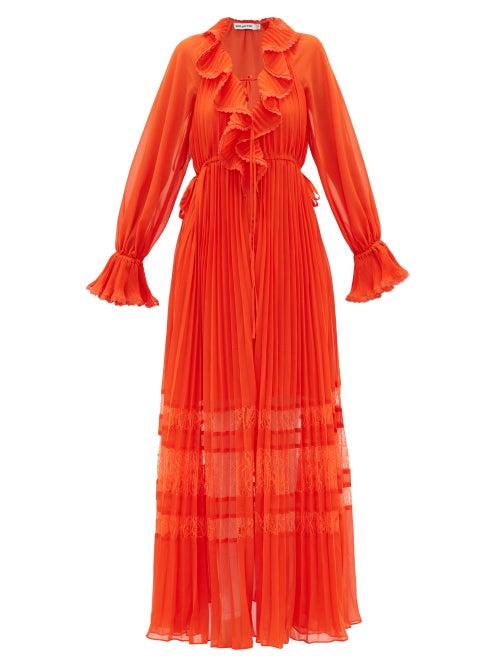 Matchesfashion.com Self-portrait - Lace-trimmed Pleated Chiffon Dress - Womens - Orange