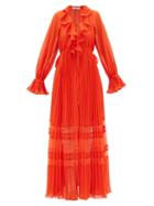 Matchesfashion.com Self-portrait - Lace-trimmed Pleated Chiffon Dress - Womens - Orange