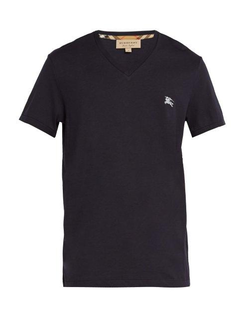 Matchesfashion.com Burberry - Logo Embroidered V Neck Cotton T Shirt - Mens - Navy