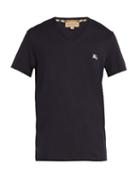 Matchesfashion.com Burberry - Logo Embroidered V Neck Cotton T Shirt - Mens - Navy