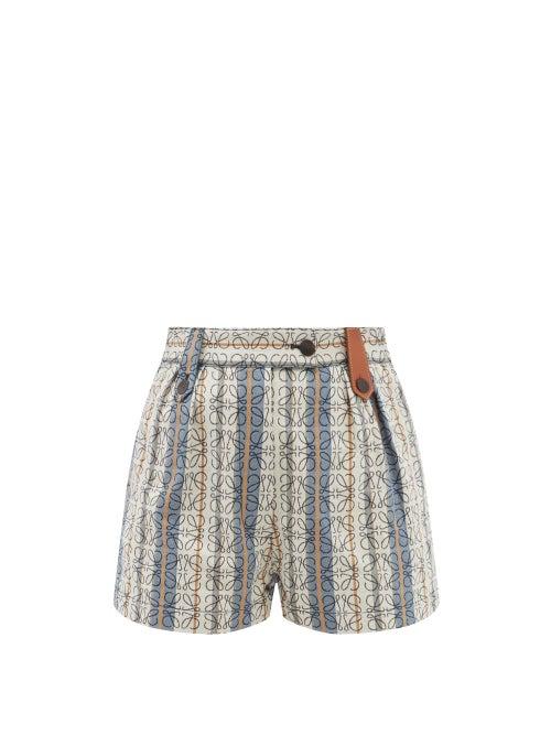 Ladies Rtw Loewe - High-rise Logo-jacquard Stripe Cotton Shorts - Womens - Blue Multi