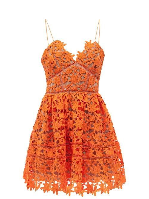 Matchesfashion.com Self-portrait - Flared Macram And Ladder-lace Mini Dress - Womens - Orange