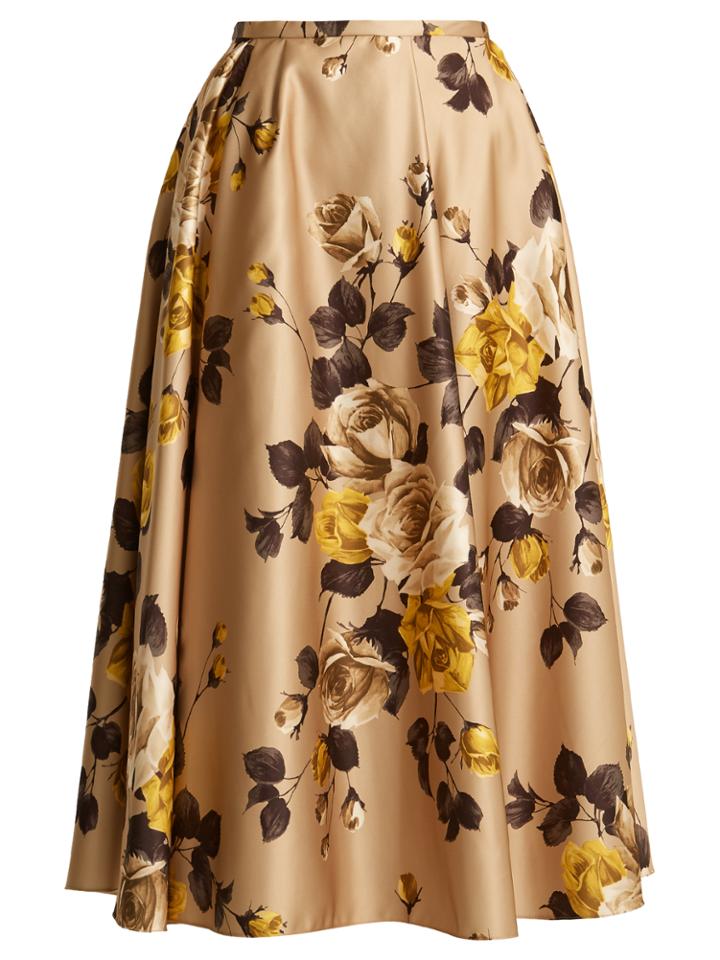 Rochas Rose-print Satin Midi Skirt
