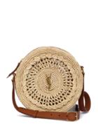 Saint Laurent - Round Ysl Leather And Raffia Cross-body Bag - Womens - Cream