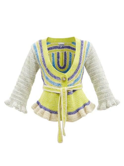 Ganni - Scoop-neck Crochet Cardigan - Womens - Yellow Multi