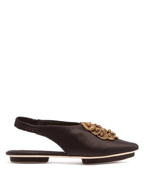 Matchesfashion.com Sanayi 313 - Zinnia Embroidered Satin Slingback Flats - Womens - Black Gold