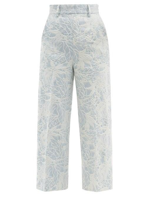 Matchesfashion.com Msgm - Floral-jacquard Tailored Denim Trousers - Womens - Light Blue