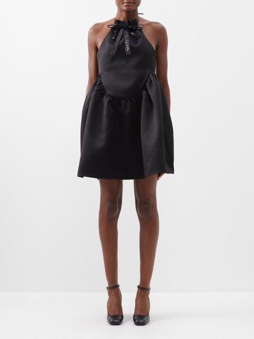 Shushu/tong - Sequin-bow Halterneck Satin Mini Dress - Womens - Black