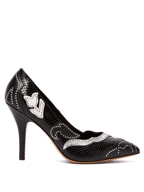 Matchesfashion.com Isabel Marant - Pavine Studded Snake Effect Leather Pumps - Womens - Black