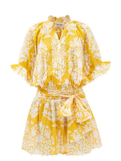 Juliet Dunn - Tie-waist Block-print Cotton Dress - Womens - Yellow