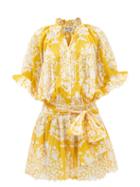 Juliet Dunn - Tie-waist Block-print Cotton Dress - Womens - Yellow